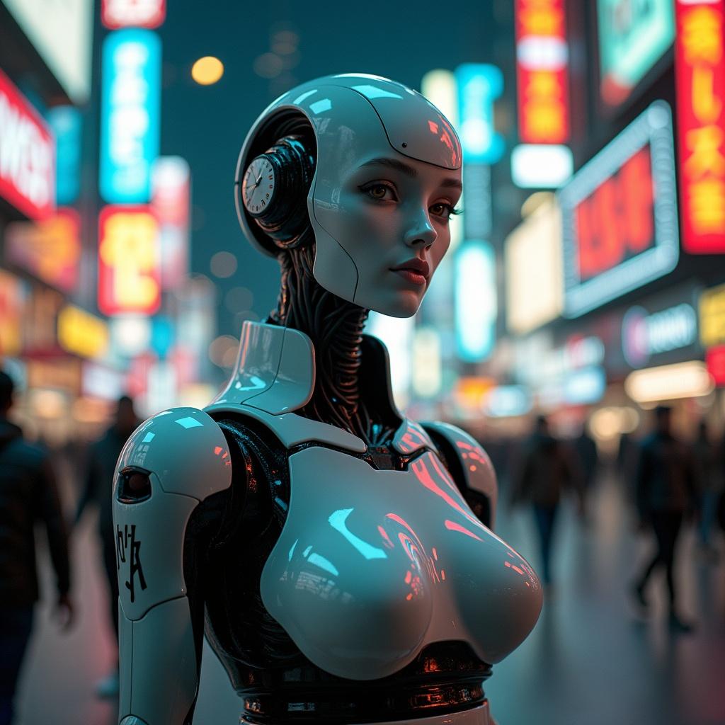 The image shows a humanoid robot named Eva in a neon-lit city. Bright advertisements fill the background. The atmosphere is vibrant and moody. People walk in the distance. The robot has human-like features.