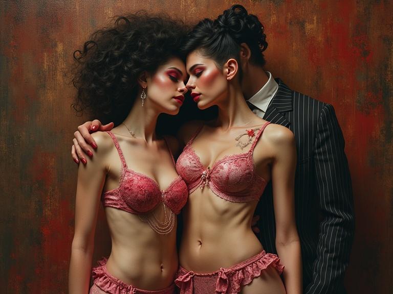 A surreal erotic portrait featuring two women and a man. The women wear intricate, eccentric lingerie in shades of pink. The man is in a pin-striped suit, posing closely with the women. Background features brown and red tones with lyrical abstraction. Emphasis on intricate details reminiscent of Harlem Renaissance. The art evokes a whimsical yet chaotic atmosphere