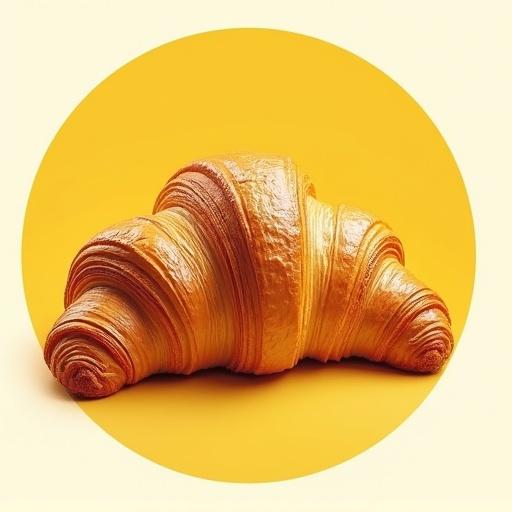 Create a 100x100 label with a croissant at the top. A bright yellow disk behind the croissant accentuates the golden color of the text: 'cornetto d'oro' at the top of the sun shape.