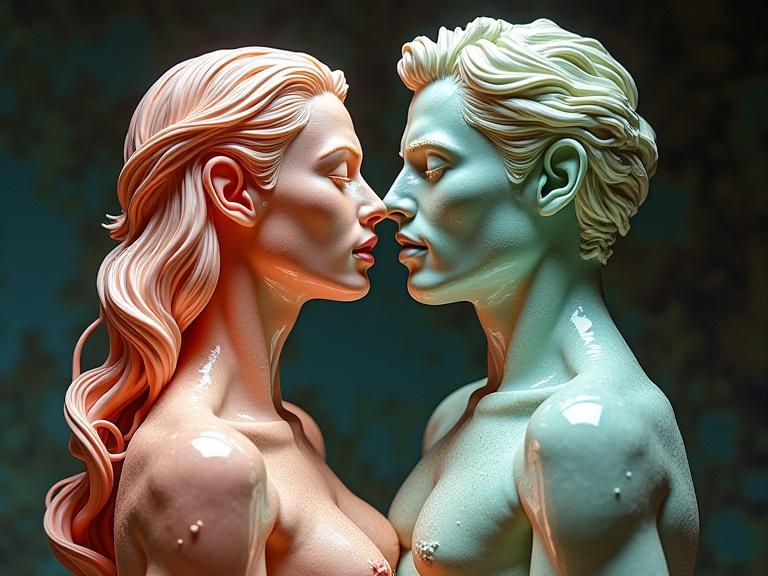 3D ultrarealistic anthropomorphic body figures showcasing a romantic bond. Detailed glass and crystal aesthetic with soft colors. Figures depict lovers in a close embrace on a textured background.