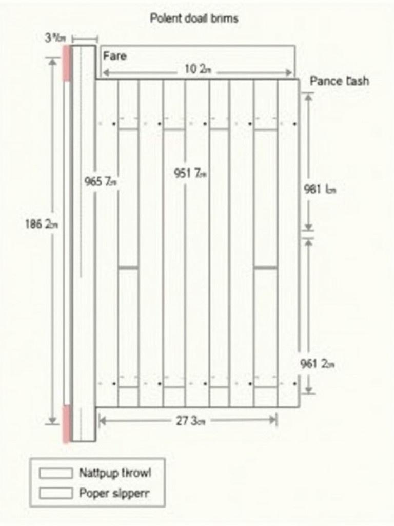 Schematic diagram for a wooden fence. Overall dimensions show length height and elevation. Includes detailed components such as vertical posts and panel types. Solid slatted panels follow a specific arrangement with measurements. Visual layout provides guidance on placement of materials. Clear representation of posts and panels.