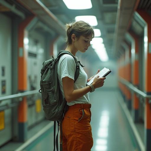 Photorealistic image of a young, cute female journalist. Traveling to a warzone planet to find a story for a mega corporation. Holding notepad and observing surroundings. Dressed in retro futuristic space pants and a white t-shirt. Short hair, no headwear. Stands in a grungy spaceship hallway.