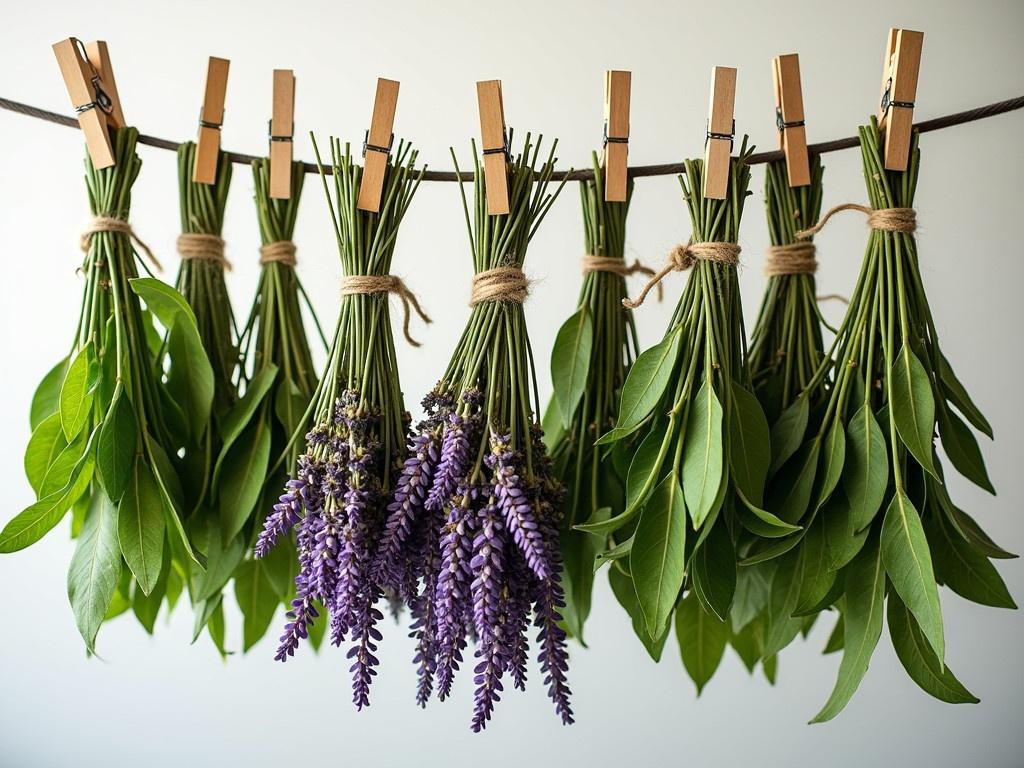 Several bundles of herbs are hanging upside down from a string, secured with clothespins. These herbs appear to be in the process of drying, showcasing a traditional method of preservation. Each bundle is neatly tied with a piece of twine and displayed in a row. The herbs vary in types, showcasing different shapes and colors of leaves. Notably, one bundle features purple flowers, likely lavender. This image is intriguing and relevant, as it represents herbal preservation for culinary or medicinal use.