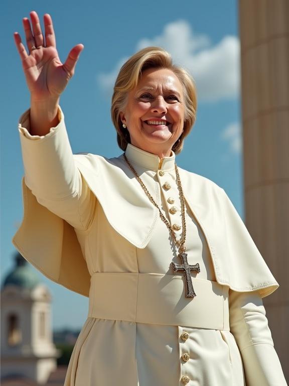 Hillary Clinton dressed in a pope's outfit stands on a balcony at the Vatican. She raises her hand in a wave. The scene is set on a bright summer afternoon. The architecture of the Vatican is in the background.