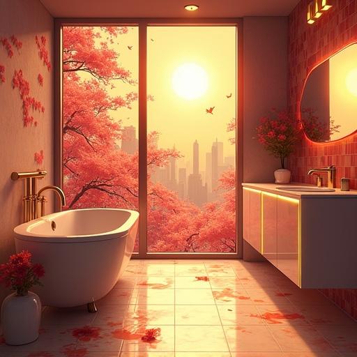 Futuristic bathroom with oversized design features. Light gold and onyx black color scheme. View of cherry blossom city in summer morning. Anime influence evident in decor and style.
