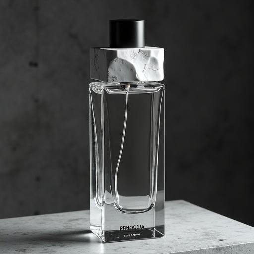 A tall luxury perfume bottle made of thick prism glass features deep bevel cuts. The cap is made of raw uncut white marble. The marble has visible jagged fractures and grey veins with a matte texture. The bottle holds crystal-clear fragrance juice. It has a seamless matte black metal sprayer without any polish or gloss on the stone. The word 'PRIMORDIA' is engraved minimally at the base in a thin font. Dramatic studio lighting casts sharp prism reflections on the bottle. The background is dark grey textured concrete. The style is hyperrealistic with a focus on raw materials and monumental scale. The mood conveys a sense of sacredness and elemental architecture.