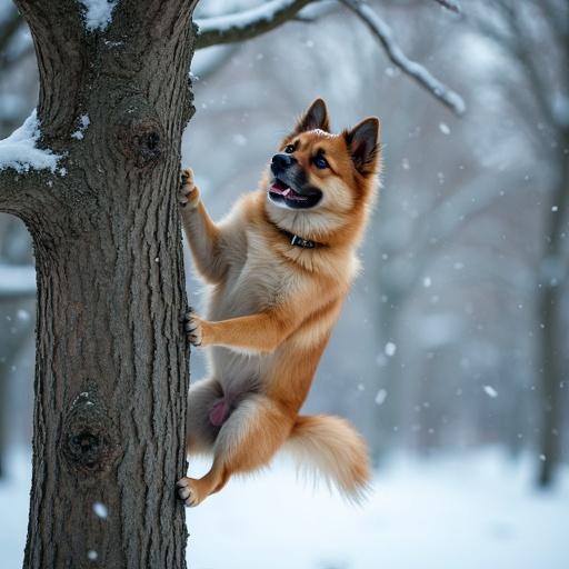 A dog climbs a snowy tree. The camera captures the scene from a low angle. The photo appears hyper realistic. Snowflakes fall around. The dog looks happy and energetic.