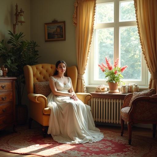 A young woman in a green dress sits on a cozy sofa. The room is warmly lit with natural light from a large window. Elegant decor includes a background with plants and a wooden interior. The atmosphere feels inviting and stylish.