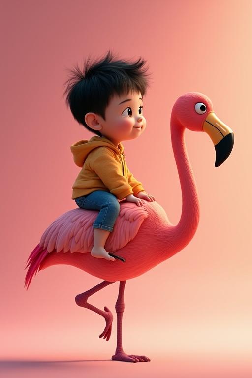 3D Pixar-style animation featuring a small child riding a flamingo. Inspired by adventurous themes. Child has short hair. Flamingo is bright pink and cartoonish. Background is warm-toned with a soft gradient.