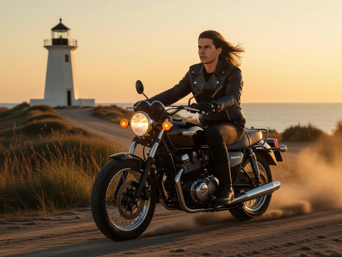 Young man with long dark hair rides black Honda Spirit VT 1100 on dirt road. Lighthouse shines strong warm light. Dust particles glow in bike's headlight. Man wears black leather trench coat and pants. Seashore visible in distance. After sunset with strong backlight. Side angle view from ground. Oil illustration with rich colors.