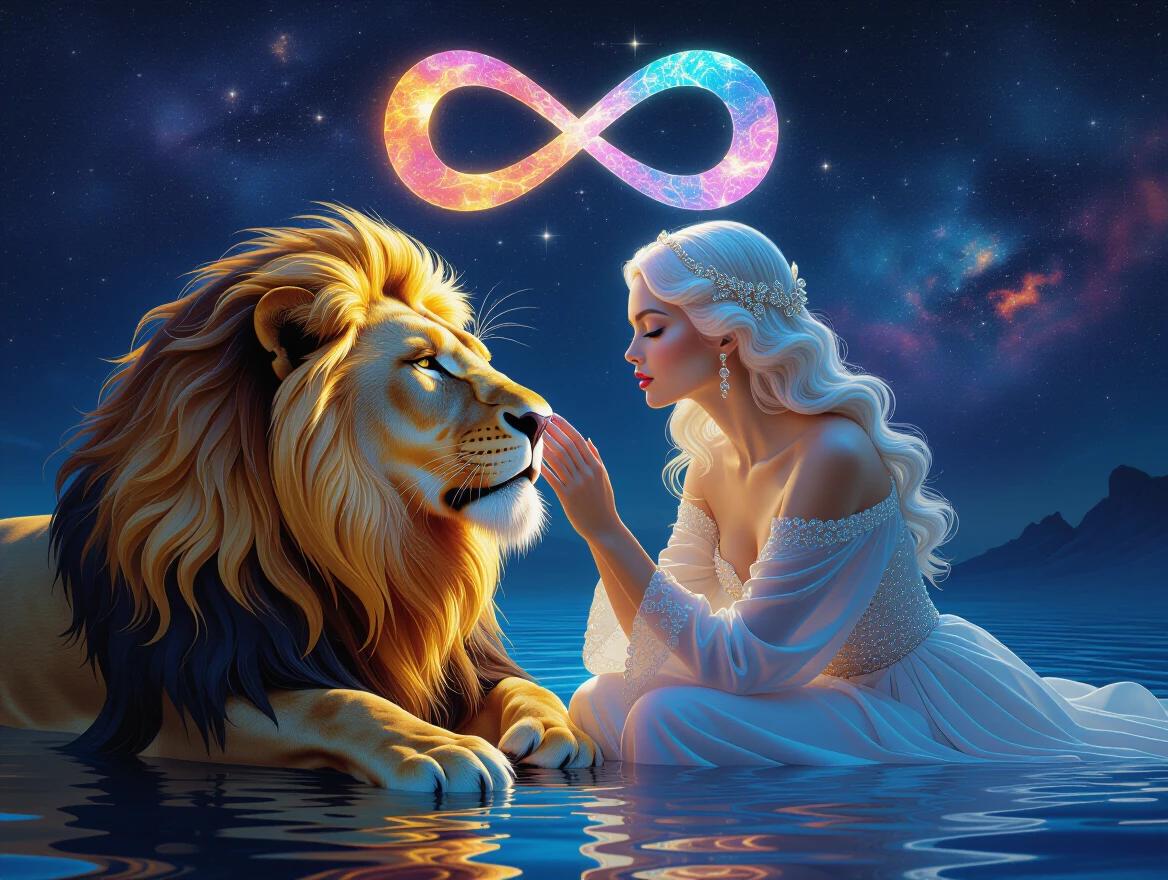 An ethereal woman gently closes the mouth of a golden lion. The lion's mane morphs into swirling nebulas. An infinity symbol made of glowing energy floats above her head. The setting features shimmering opal quartz reflections and ground rippling like liquid light. Surrealism and hyper-detailed cinematic quality are emphasized.