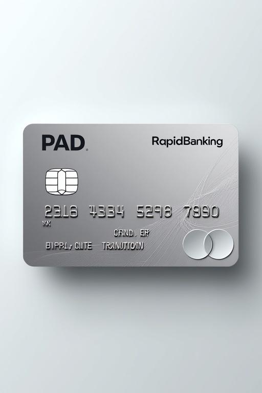 Realistic image features a credit card. Card shows text RapidBanking on top right. Card number appears clearly. Name aligned under the logo. Expiry date shown. Background is clean and silver with bold black font.