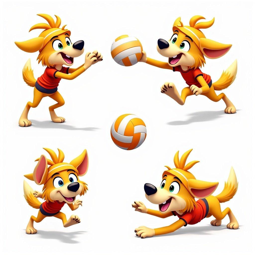 Energetic dog character in dynamic volleyball poses. Sleek fur with bright golden coat. Wears sporty headband and vibrant jersey. Portrayed spiking, diving for ball, and celebrating. Expressions show determination, joy, teamwork. Bold colors enhance sporty vibe. Suitable for volleyball-themed children's media.