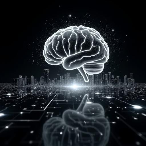 Futuristic visual of artificial intelligence affecting the future of work. Sleek glowing silver AI brain over a modern city. Dark black background with dynamic silver data streams into sectors. Jarvis-style holographic interfaces and AI assistants emerging from light. Powerful and intelligent mood with metallic colors.
