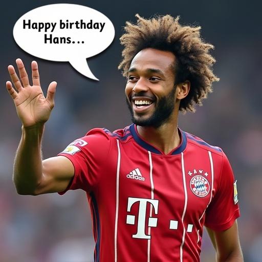 Realistic image of football player Leroy Sane from FC Bayern waving. Speech bubble includes birthday greeting to Hans.