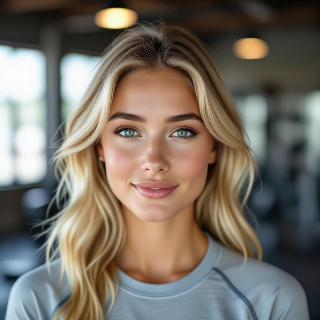 Photorealistic portrait of blonde female in gym clothes. Subject with light blue eyes and naive admiration expression. Warm and innocent demeanor. High-resolution and natural lighting focus on face and upper body in gym setting.