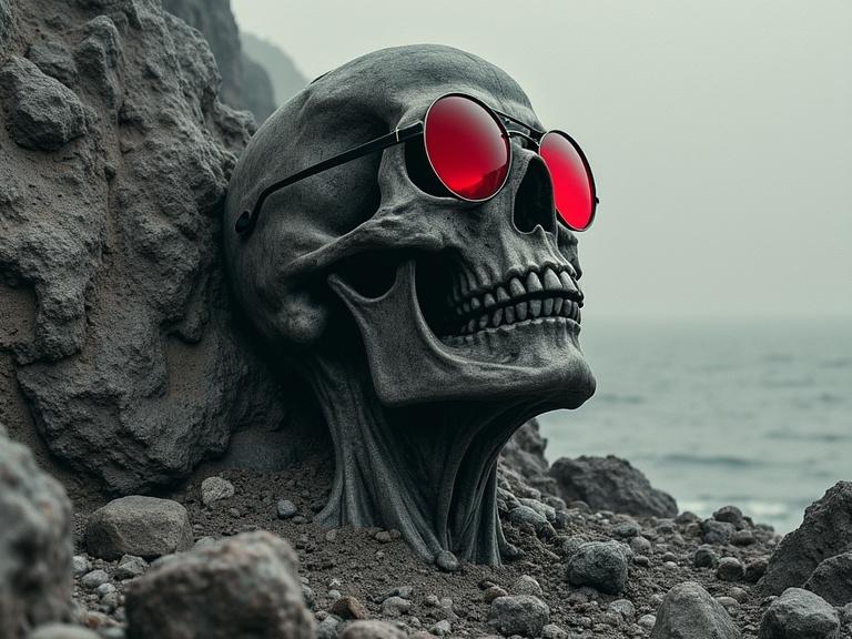 A surreal image featuring a skull with red sunglasses resting on rocky terrain. Fog obscures the background, adding a mysterious atmosphere. The skull has a humorous expression, creating a contrast with its grim nature.