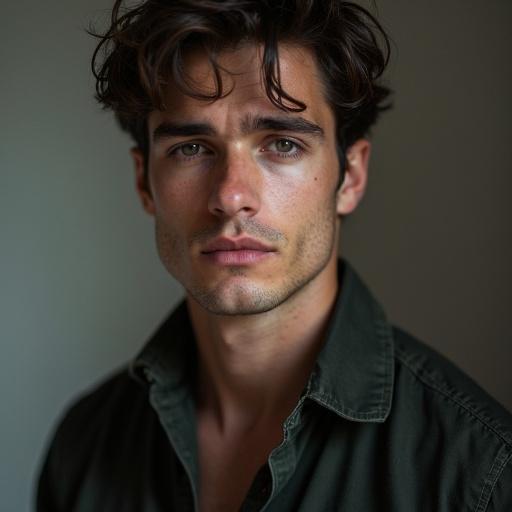 Portrait of a man with attractive features. He has a strong jawline. The eyes are striking and captivating.