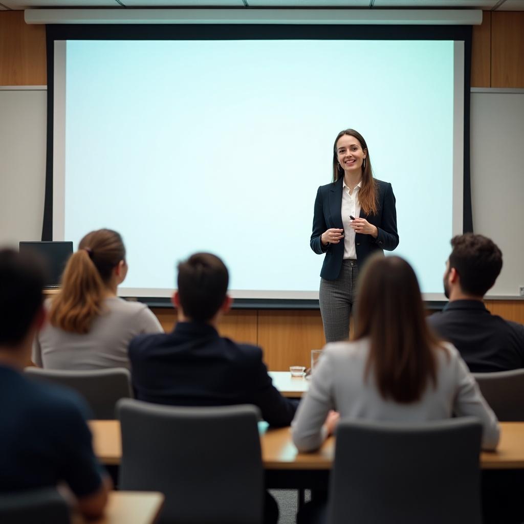 Students sit in a classroom. Teacher in front of a whiteboard smiling and engaging with students. Teacher communicates effectively with the students who are attentive.