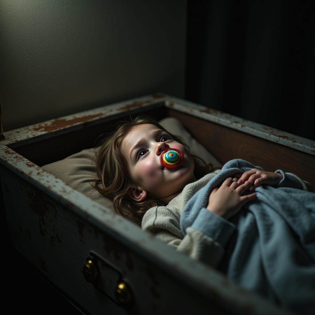Surreal emotional scene depicting a tween girl in a casket with lighting enhancing the atmosphere. Girl has a pacifier with a tense expression. A mother smiles while playing with a colorful rattle to comfort her. The child expresses fear about dying, while the mother explains the situation. The grave is prepared with a gravestone marking the girl's name and life dates. Family members attend the funeral while the girl is alive in the coffin.