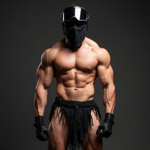 A muscular man stands confidently. He wears a ski mask covering his face. Black goggles conceal his eyes. His body is well-defined. Dressed minimally with black gloves and a loincloth. Strong posture emphasizes his physique.