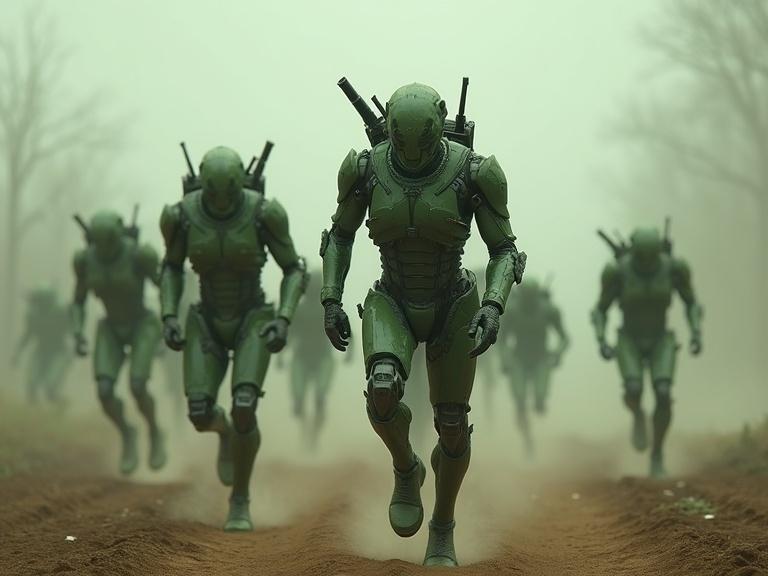 A bio robot runs toward the viewer. A horde of humanoid clones follows. The environment is foggy. The bio robot has weapons on its back. The clones are in military green. A dynamic action scene is depicted. The setting suggests a futuristic conflict.