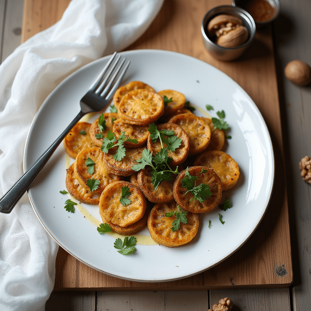 A beautifully plated dish of crispy, golden potatoes garnished with fresh cilantro leaves on a white plate, accompanied by a fork, set against a wooden background with walnuts and spices nearby.