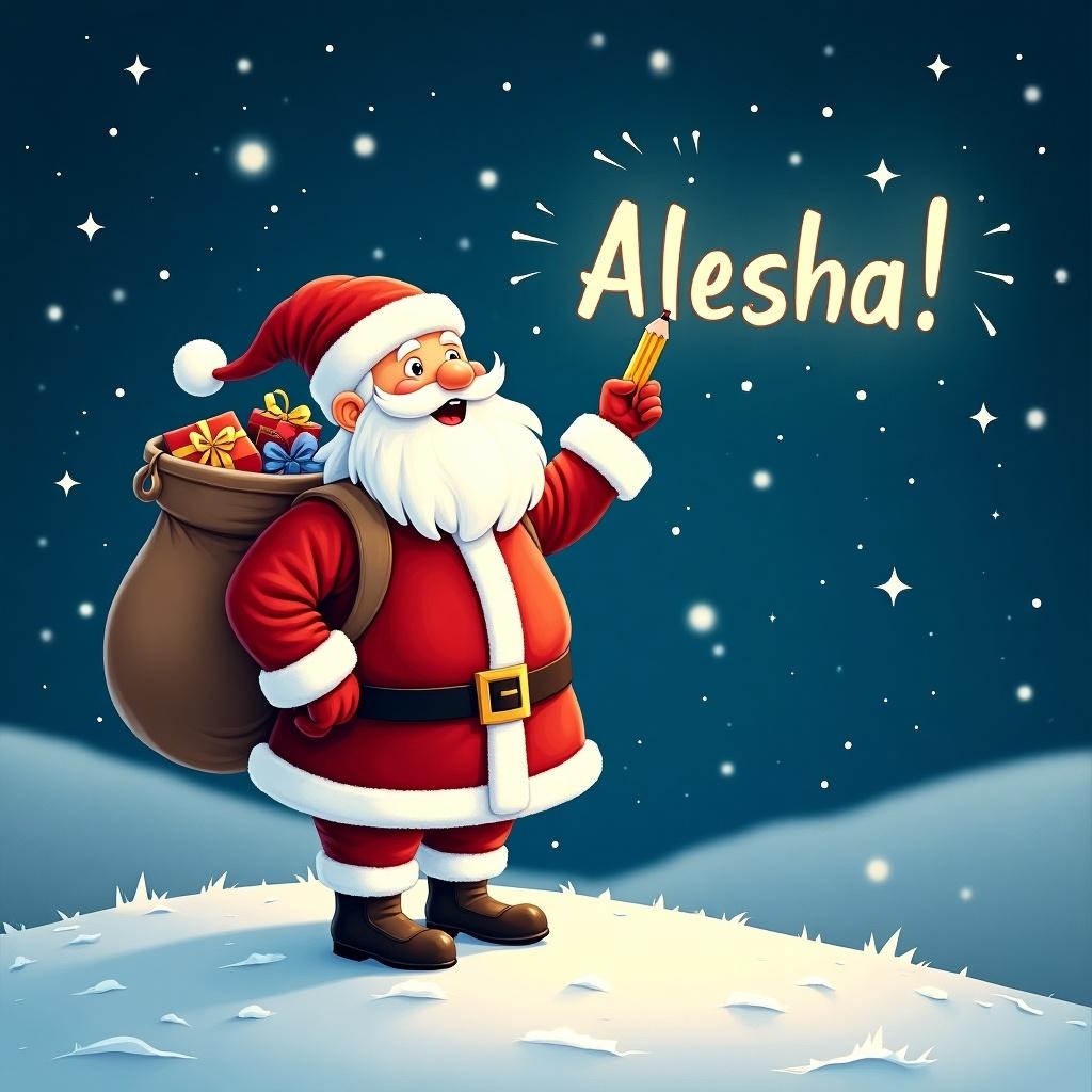 Santa Claus stands on a snowy hill. Bright night sky filled with stars. Santa dressed in red and white suit. Holding a pencil and writing in the sky. Large sack of gifts on his back. The name 'Alesha!' is displayed whimsically.