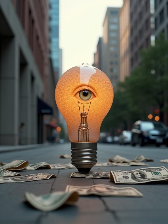 Surreal light bulb with a human eye. The bulb is shaped like a classic Edison bulb. The bulb is made of human skin texture. The light emits a warm light in a city street. Scattered US hundred-dollar bills lie on the ground. The scene highlights themes of perception and materialism. It captures a vivid urban environment with buildings and cars in the background.