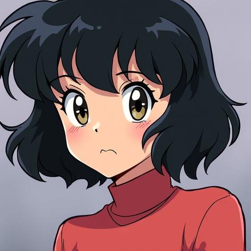 Close-up illustration of an anime character with black hair and expressive eyes. The character looks contemplative, wearing a red turtleneck. Soft lighting reveals characteristic facial features.