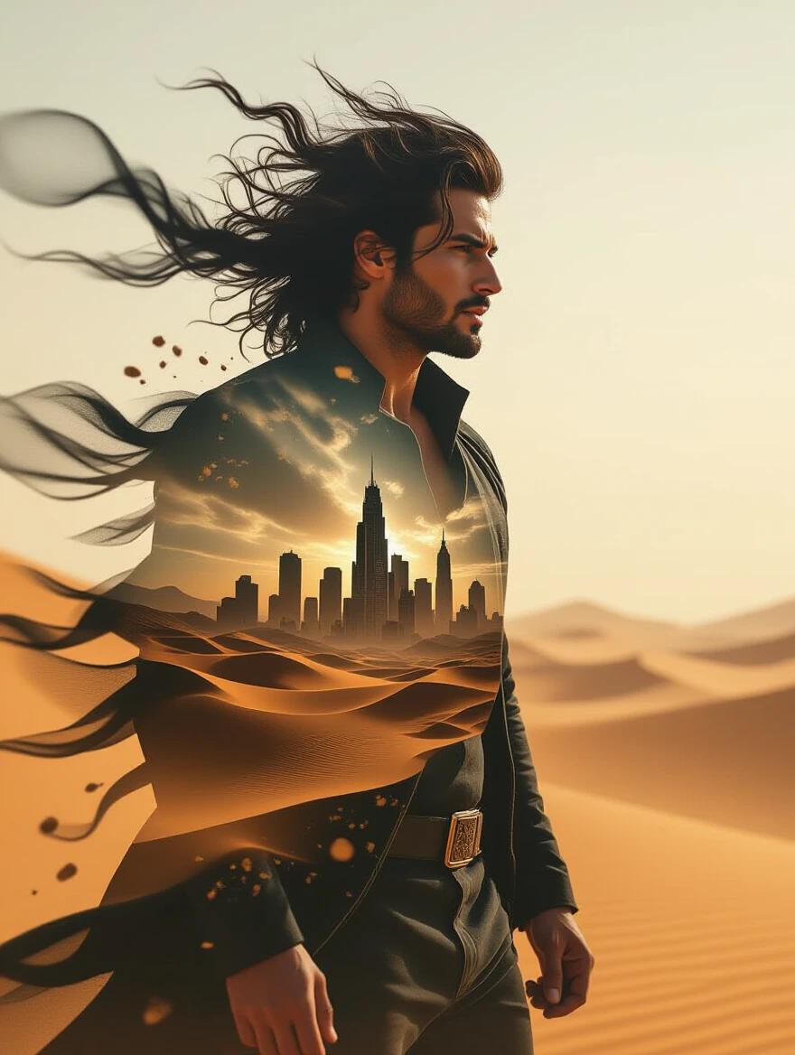 Man standing in a desert landscape. Silhouette blends with crumbling futuristic city. Sand dunes in background. Wind swirling hair and sands around figure. Artistic double exposure effect. Cinematic and powerful scene.