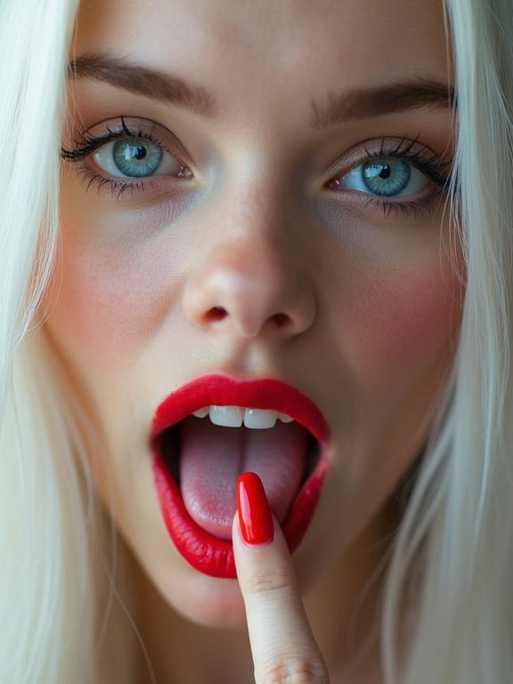 Close-up image of a beautiful woman with long white hair. Her eyes are large and blue. She has red lips and a wide open mouth. A finger with bright red nails is pointing at her mouth. She looks directly at the observer.