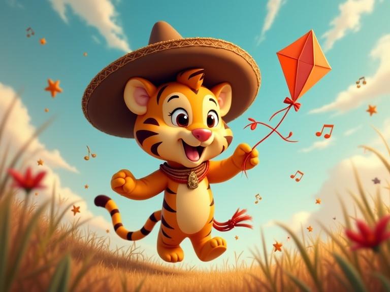 A cute stuffed female tiger cub wears a sombrero. The tiger flies a kite shaped like a music note. The background features a cheerful landscape with musical elements.