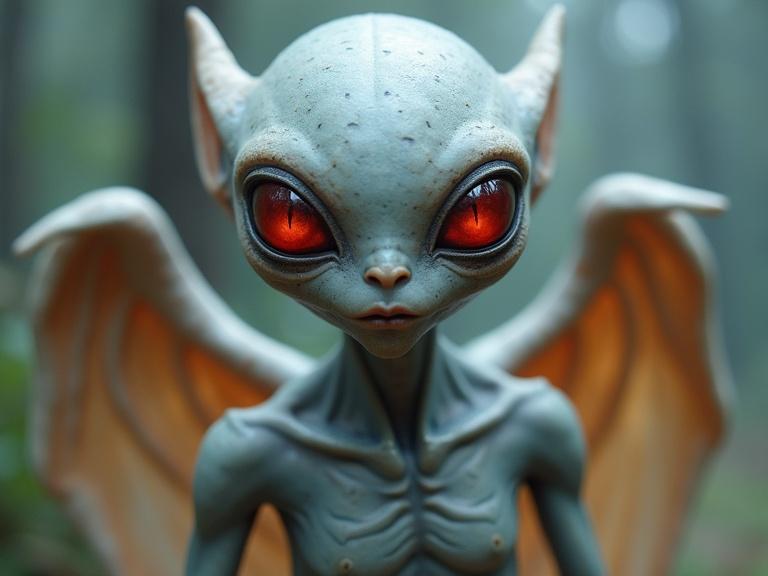Gray alien with shiny red eyes and angel-like wings. Close-up front view of the alien figure, showcasing its intricate features and ethereal appearance.
