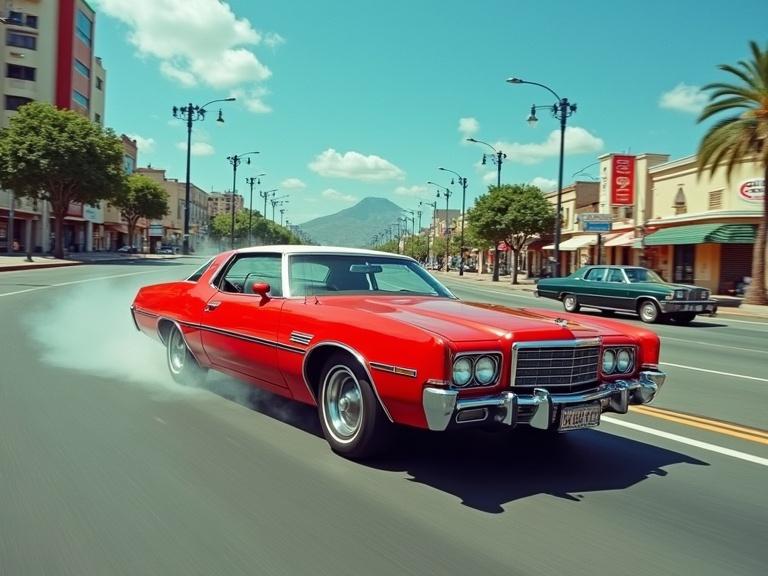 Scene depicts a dynamic action moment with a vibrant 70s aesthetic inspired by vintage TV shows. Iconic red Ford Gran Torino speeds down Avenue Madero in Monterrey with a distinct white stripe. Action scene captures car possibly skidding or turning sharply. Another old-fashioned vehicle is either fleeing or being chased. Trees line the central roadway, with Cerro de las Mitras seen in the distant background under a blue sky. Color tones warm and slightly saturated, characteristic of 70s television color palette. Visual quality evokes old film with slight grain. Pedestrians in vintage 70s attire watch the thrilling chase from the sidewalks.