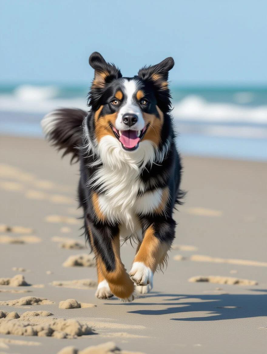 A happy dog running joyfully on the beach with sand and ocean waves in the background.