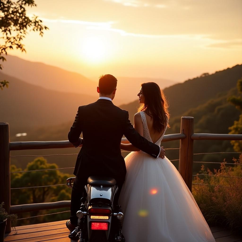 Happily married couple gazes at sunset. Bridal motorcycle parked near them. Scenic mountain view deck surrounded by nature. A moment of joy and connection.