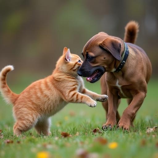 An orange cat playfully hitting a brown dog in a sunny outdoor setting. Both animals appear happy and engaged. The background shows blurred greenery and ground. The cat's fur is fluffy and bright.