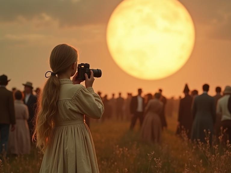 Image shows a girl with long blonde hair wearing a dress from the early 20th century. She is taking a photograph with a camera. A large, glowing sphere resembling the sun is above a crowd in a field. The crowd includes men, women, and children facing the sphere. The scene is set in Portugal during the year 1917.