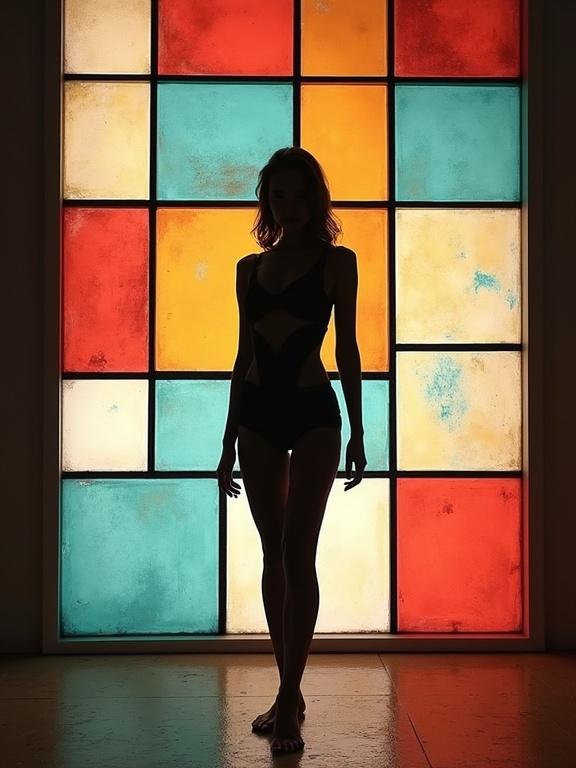Silhouette of a skinny woman gracefully posed with her front to the camera. Her body painted to match the geometric pattern on the wall behind. The wall has vibrant color blocks created with precise lines. Her posture highlights the craftsmanship of the body painting. The background features atmospheric lighting and a slight vignette effect.