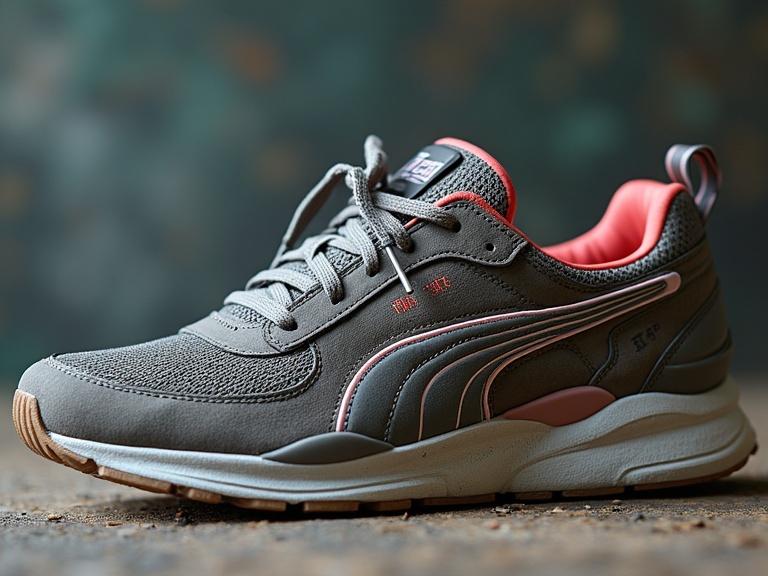 Puma brand sneaker displayed prominently. Shoe features gray upper with pink accents. Background blurred to emphasize the sneaker.