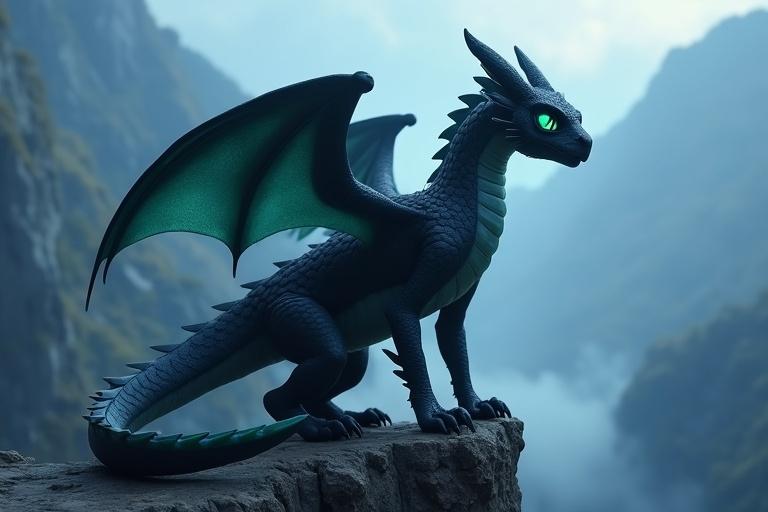 A majestic black dragon with glowing blue-tint scales and emotional green-blue eyes. It has one artificial leather wing. The dragon is perched on a rocky cliff, overlooking a misty valley. Moonlight accentuates its scales with a glowing effect. The scene is rendered in ultra 3D cinematic animation with hyper-realistic textures. Atmospheric lighting adds mystique and depth to the image.