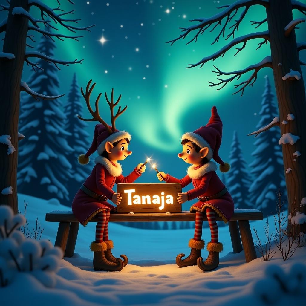 The image features two traditional elves sitting in a snowy forest of the North Pole. They are using glowstick wands to write a name on a wooden sign. The name displayed is 'Tanaja.' The night sky is filled with stars, and the enchanting northern lights dance above them. The elves wear festive holiday outfits, and there are snow-covered pine trees surrounding the scene. A reindeer can be seen in the background, adding to the winter magic of the setting.