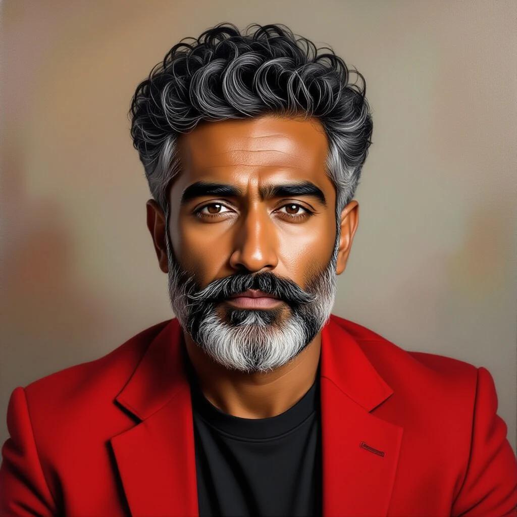 Oil painting of a man with dark brown skin tone and slightly overweight build. He has a round face, defined jawline, and deep-set dark eyes gazing intensely at the viewer. His thick gray curly hair is styled in a voluminous afro, and he has a full gray beard. Wearing a vibrant red blazer over a black t-shirt, this full view captures him from knees up, hands clasped at waist level. The background is plain and neutral with warm soft lighting.