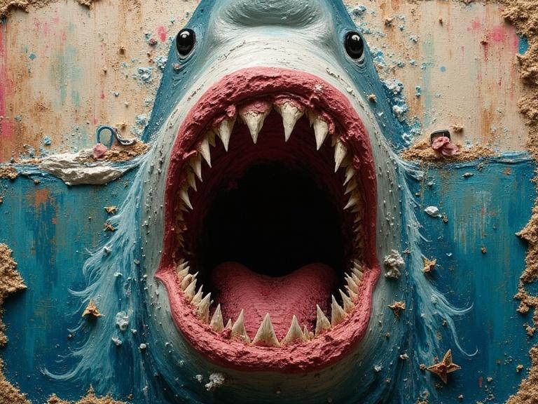 Full view of shark opening its mouth. 3D layered artwork featuring mixed media. Elements include oil paint, textures like newspaper, sand, jute, and glitter. Uses vibrant colors and intricate layers. Evokes depth and surface feel. Stunning and beautiful composition.