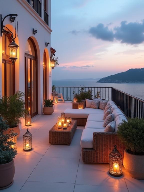 A luxurious outdoor living space on a balcony. The scene features a sectional sofa with cushions, decorative lanterns with candles, and potted plants. The background shows a serene sea view at dusk with a colorful sky. Elegant arched windows and light-colored architecture add charm to the atmosphere.