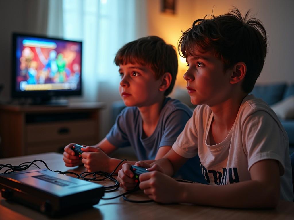 Two young boys, deeply engrossed, play a retro video game on an old console, their faces illuminated by the TV screen in a dimly lit room. The scene evokes a sense of nostalgia with warm, ambient lighting enhancing the cozy atmosphere as the boys share a moment of concentration and camaraderie.