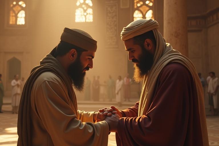 A 3D render of an ancient Islamic setting. A Jewish man converted to Islam is bowing before Hazrat Ali. Hazrat Ali is dressed in traditional attire, stopping him gently, embracing him. The background includes golden sunlight from arched windows, geometric patterns, and Arabic calligraphy. The scene conveys peace, love, and divine light.