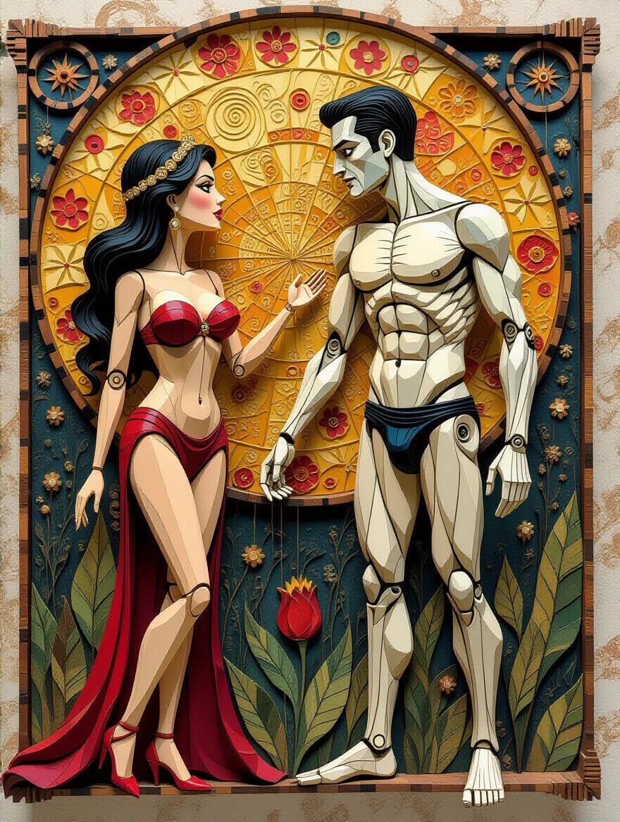 3D art featuring marionette puppets. Woman in red dress and man in blue shorts. Silhouettes with no strings show expression. Intricate wooden patterns with floral designs. The composition evokes a sense of storytelling and playfulness. Details capture the essence of chaos and whimsy.