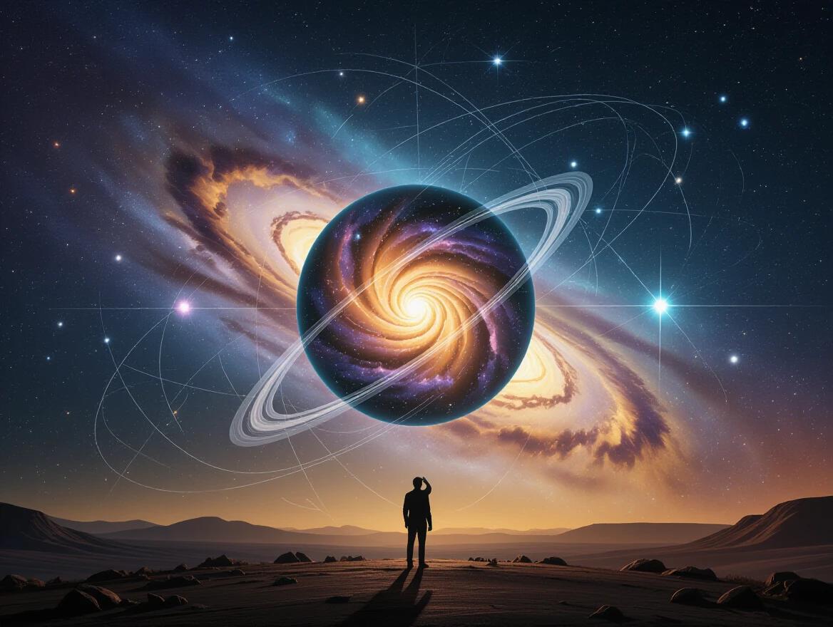 Conceptual art piece illustrates humanity's relationship with the cosmos Masterfully crafted swirling galaxy dominates the scene Human silhouette appears in awe against a cosmic backdrop of stars and celestial bodies
